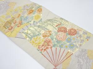 扇に柳・草花模様織り出し袋帯